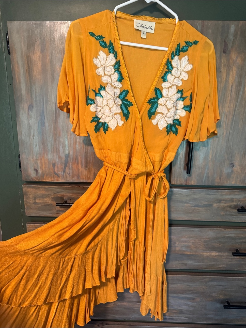 Anthropologie Cleobella Summer Orange Floral Embroidered High-Low Wrap Dress